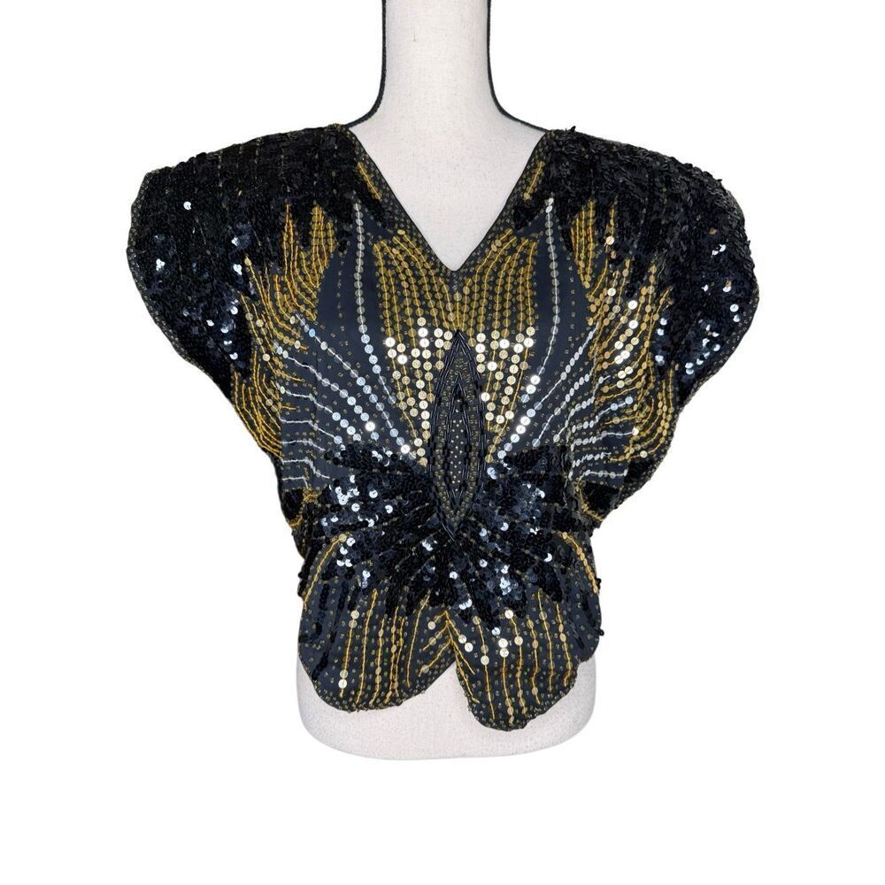Vintage Beaded and Sequined Batwing Top Size S 70’s/80’s, Glam, Art Deco, Disco